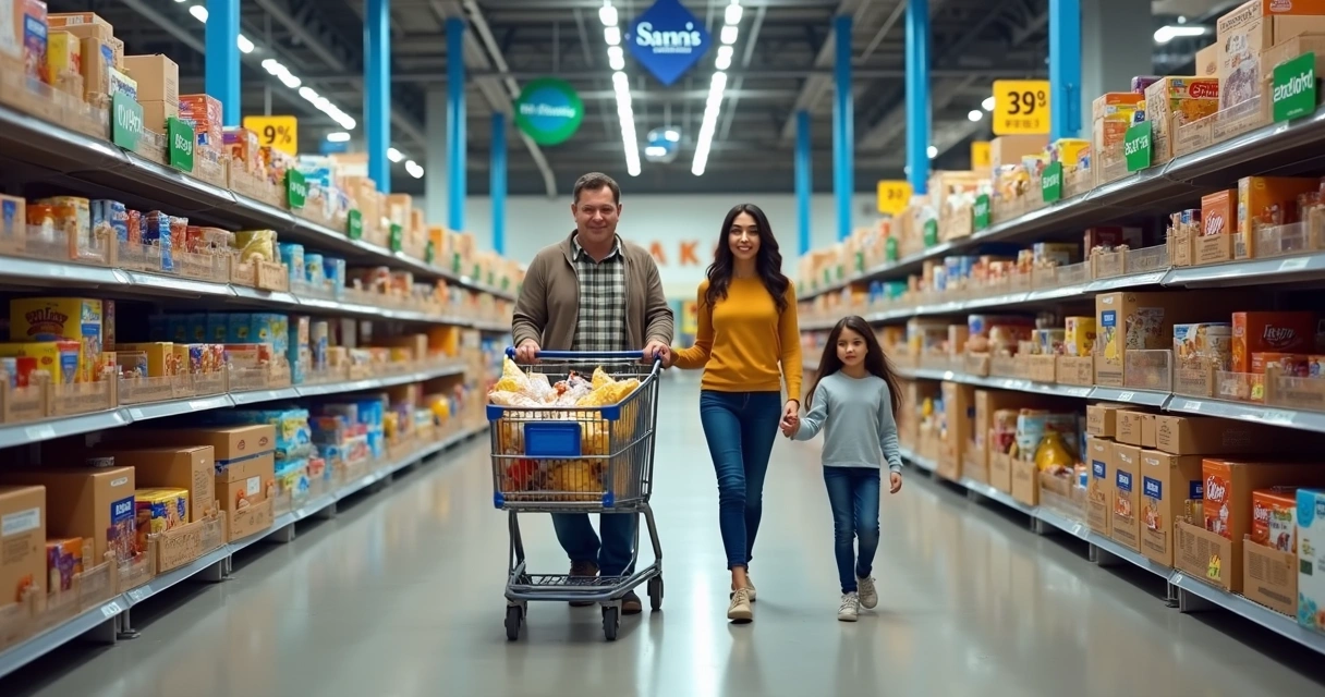 Família feliz escolhendo produtos em supermercado amplo 