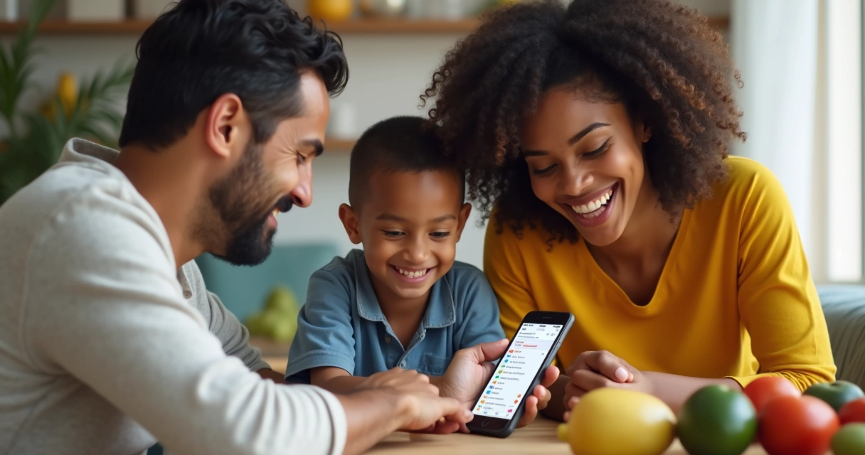 Família brasileira olhando juntos para a tela do celular fazendo compras conectadas 