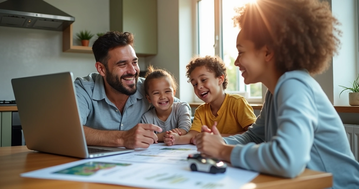 Família brasileira sentada na mesa analisando despesas de carro elétrico, notebook e papel