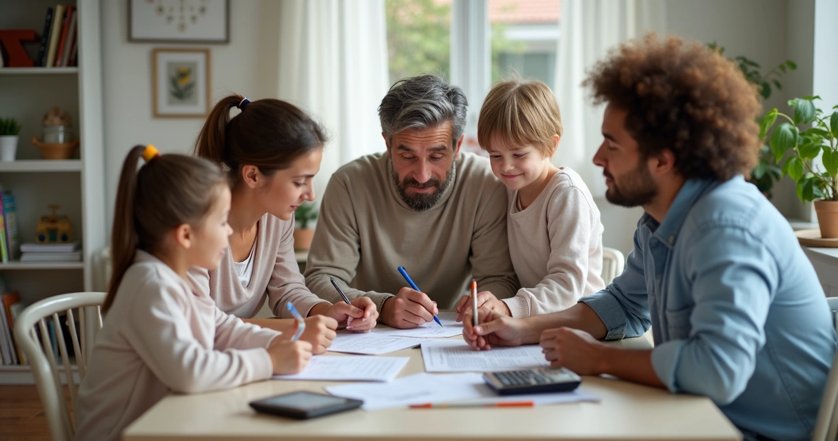 Família analisando papelada de planejamento financeiro