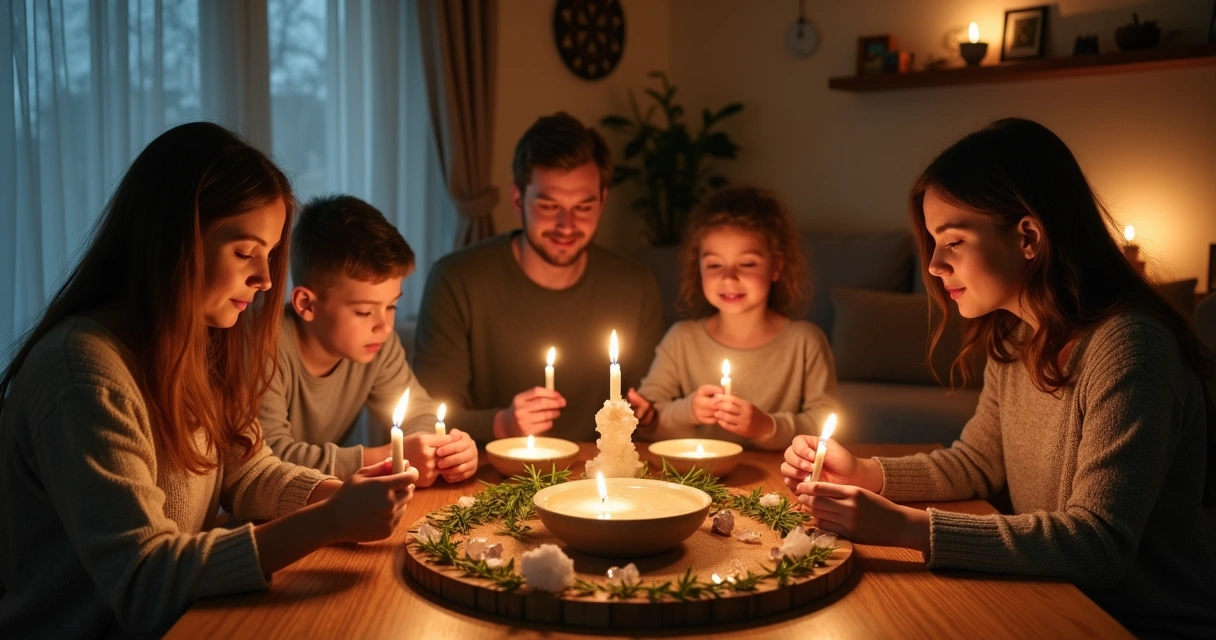 Família reunida acendendo velas ao redor de uma mesa.