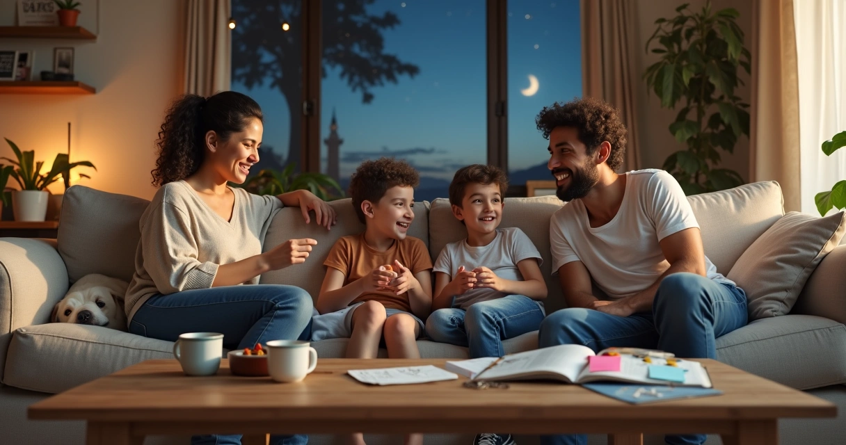 Família cristã conversa e ri juntos em sala acolhedora 