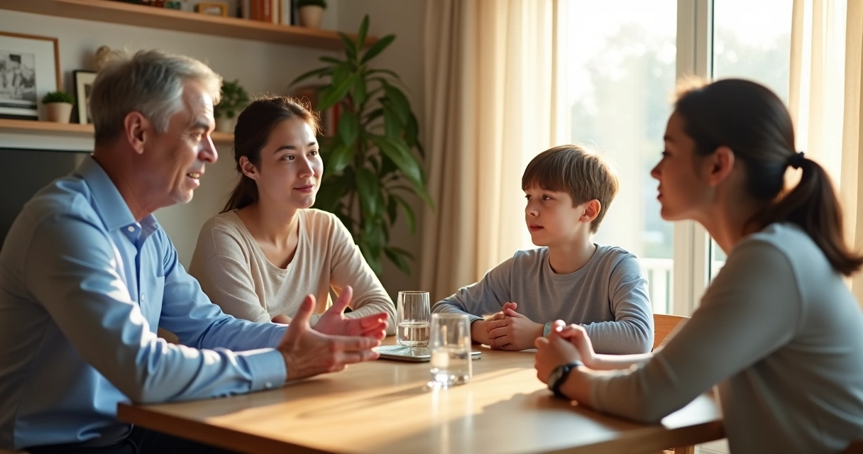 Família sentada à mesa de jantar conversando com atenção e respeito 
