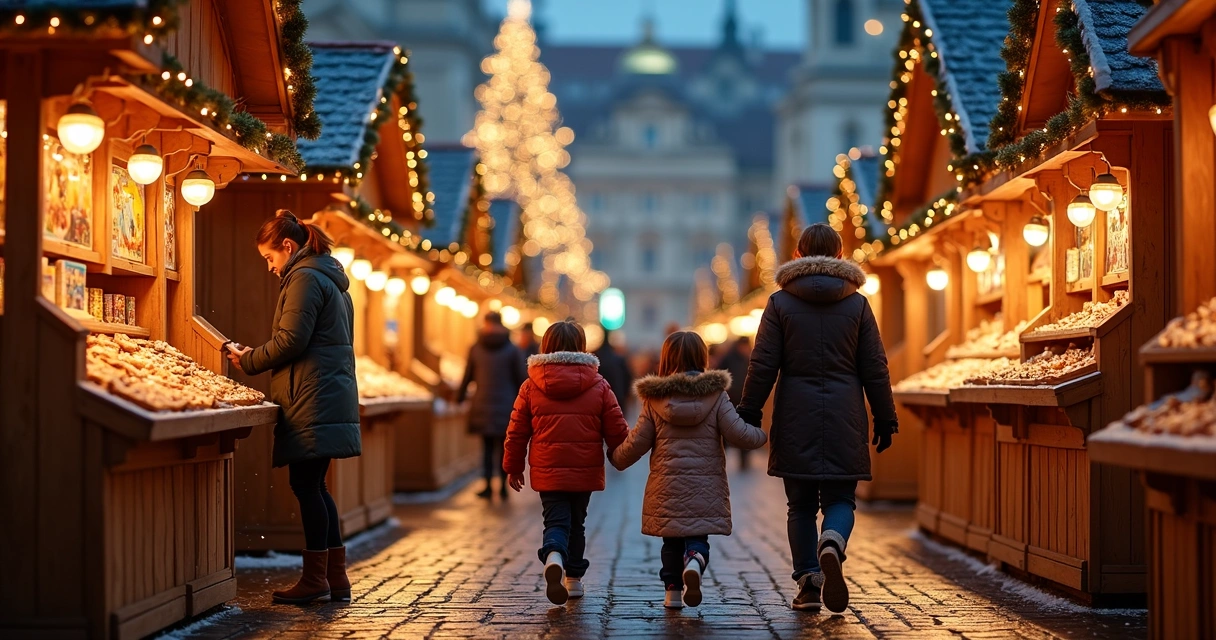 Família com crianças caminhando entre barracas decoradas na feira de Natal de Praga