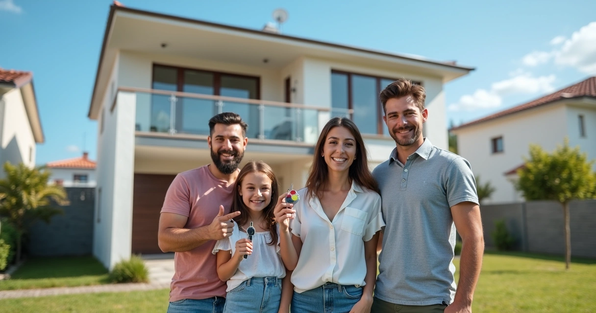 Família sorridente em frente a casa alugada em Paulínia. 