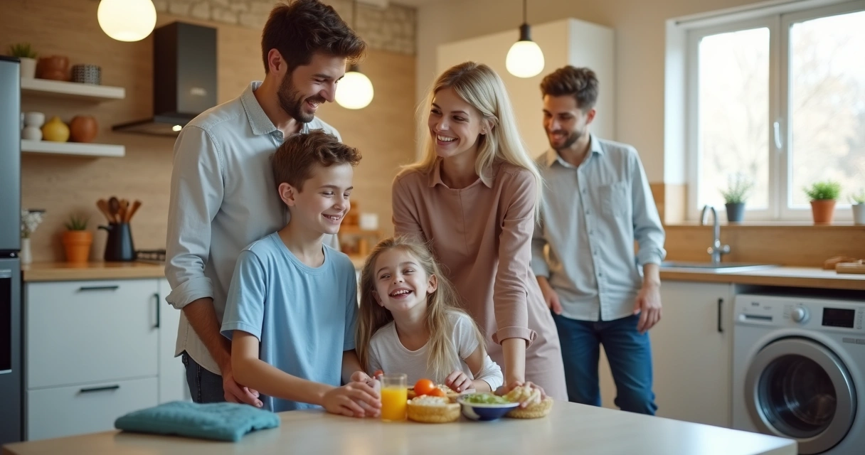 Família sorrindo em uma cozinha com eletrodomésticos em bom estado 