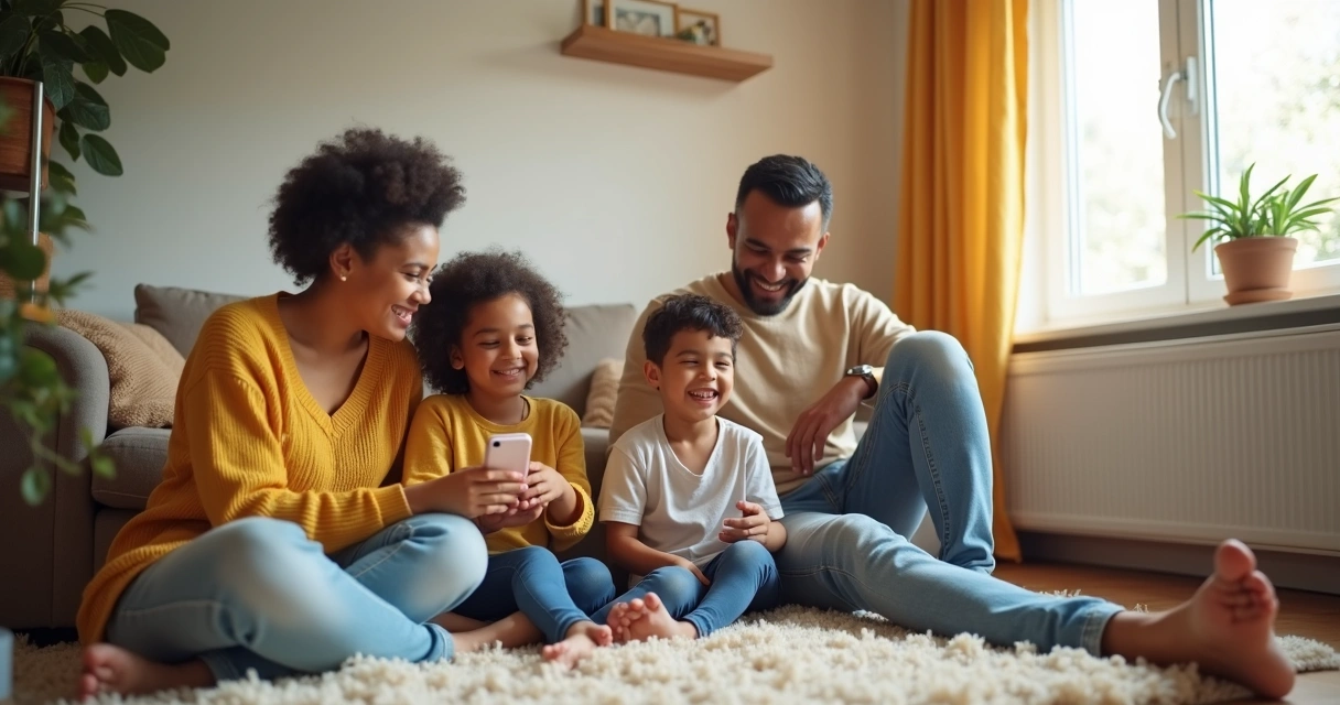 Família sorrindo na sala de apartamento popular 