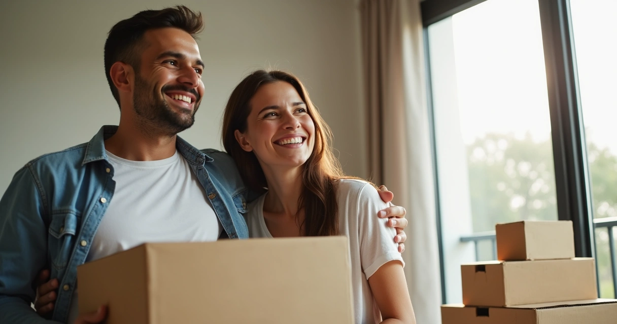 Família feliz dentro de apartamento novo, caixas de mudança ao fundo 