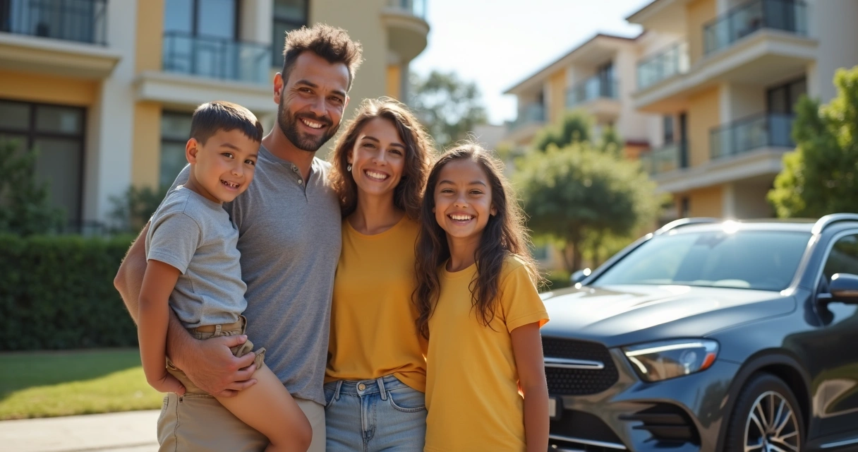 Família feliz junto ao carro novo 