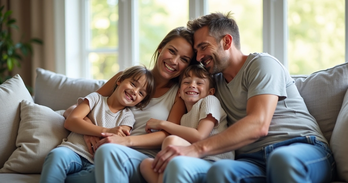 Seguro de Vida: Como Garantir Proteção Financeira à Família 2 Família sorridente sentada no sofá em casa