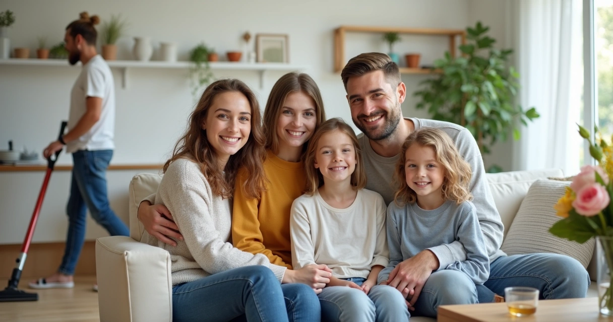 Família sorrindo em casa limpa e organizada 