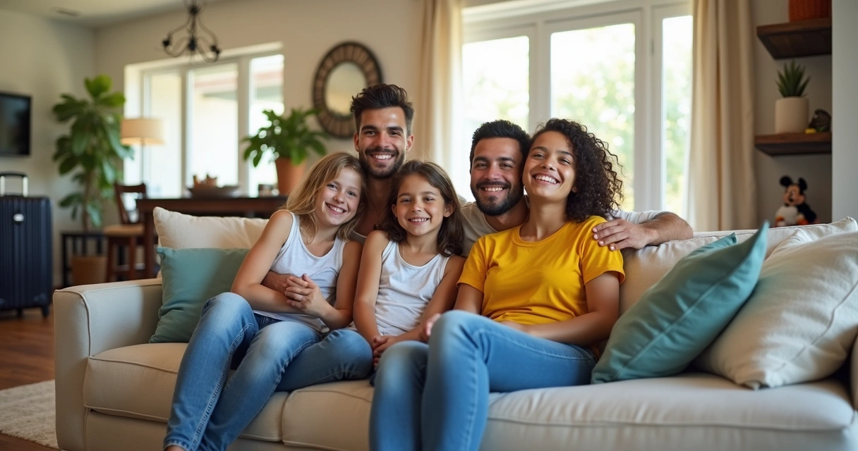 Família brasileira feliz relaxa em sala de casa de temporada em Orlando 