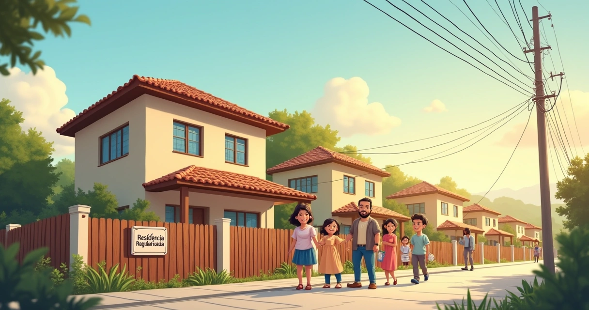 Família feliz em frente à casa recém-regularizada com sinalização, cercada por vizinhança vibrante.
