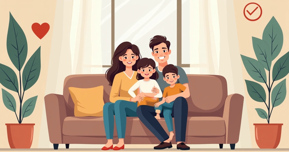 Família feliz junta dentro de casa, sentados no sofá, transmitindo segurança 