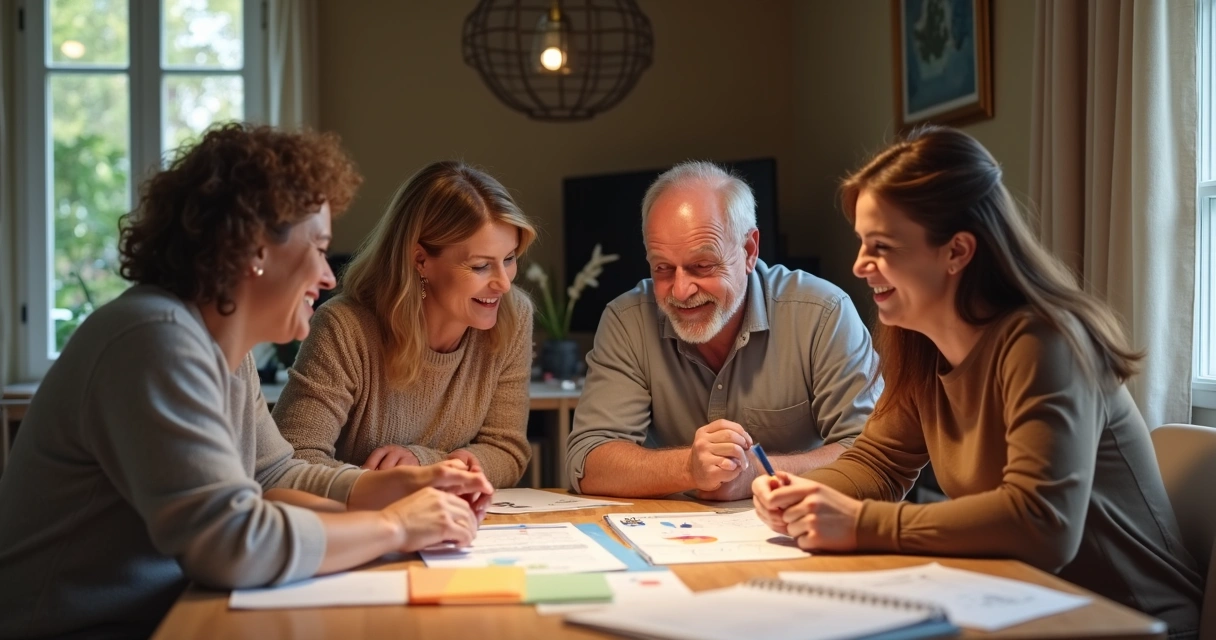 Família sorrindo em casa analisando investimento em papéis do Tesouro 
