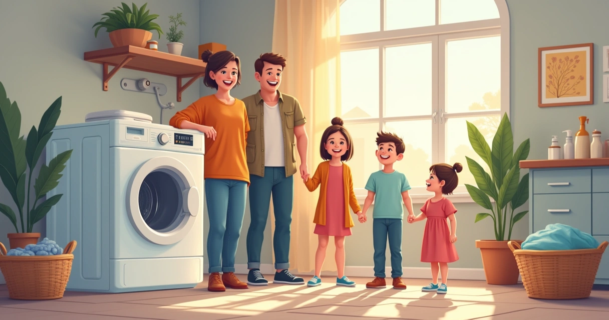 Família sorrindo ao lado de máquina de lavar nova 