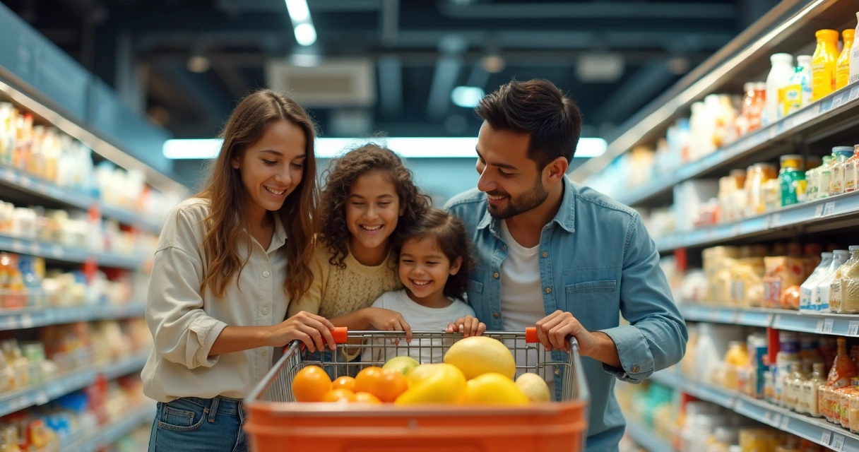 Família feliz fazendo compras em supermercado 