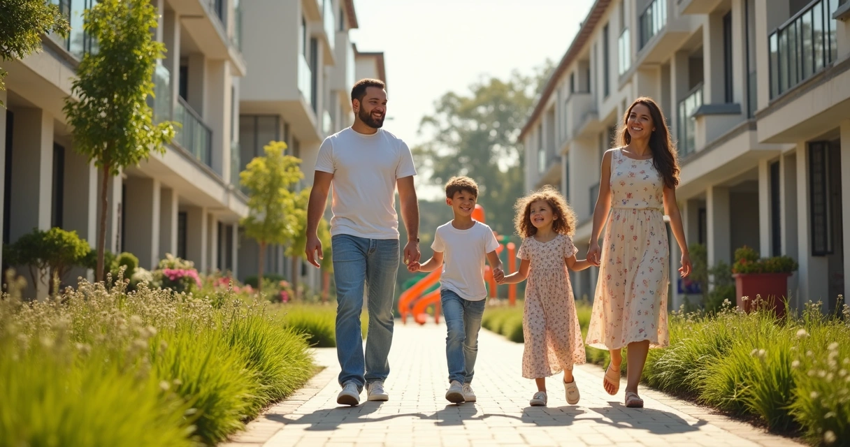 Família feliz caminhando em área comum arborizada de condomínio 