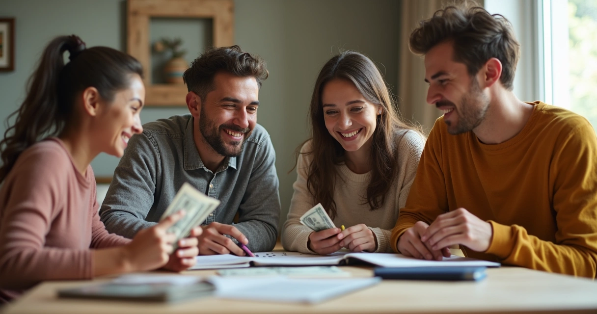 Família reunida ao redor de uma mesa com dinheiro e expressando alegria