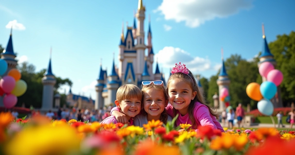 Família com roupas coloridas diante do castelo da Disney sob céu azul 
