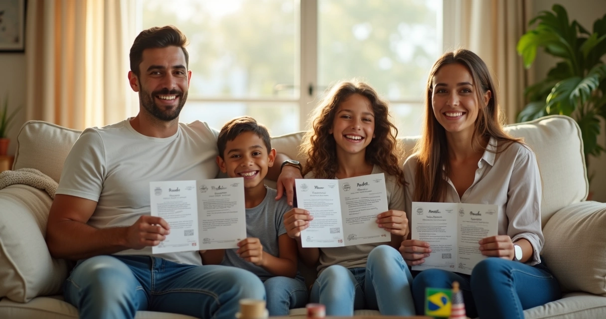Família brasileira feliz mostrando documentos legalizados em casa na Flórida 
