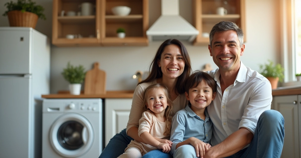 Família feliz na cozinha com eletrodomésticos funcionando 