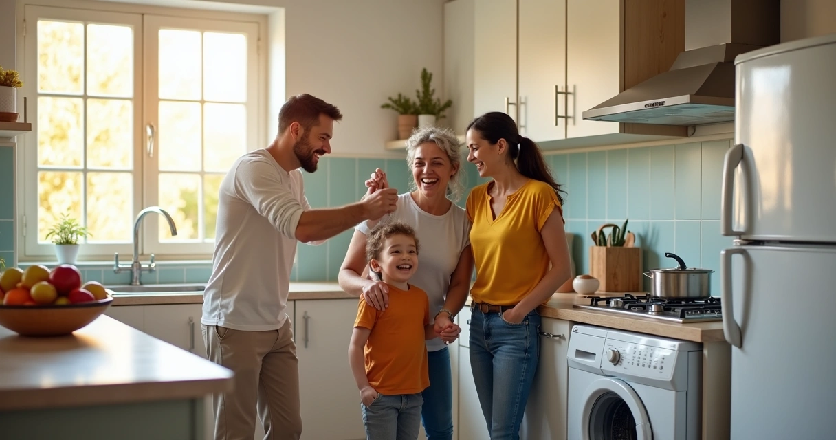 Família feliz reunida na cozinha com eletrodomésticos funcionando 