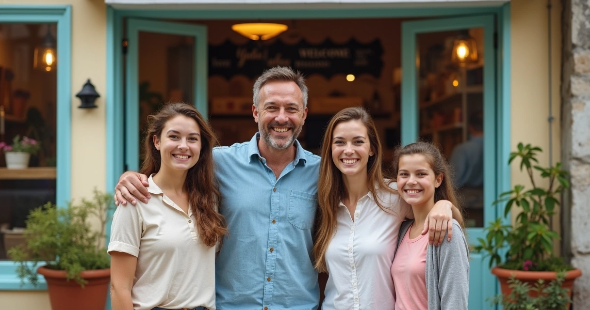 Família sorrindo em frente à empresa familiar