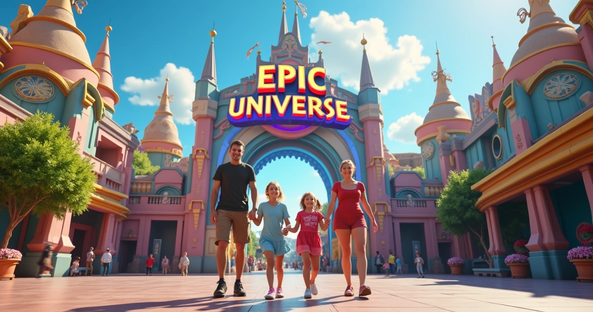 Família feliz entrando na entrada do Epic Universe com luzes coloridas e decoração temática ao fundo