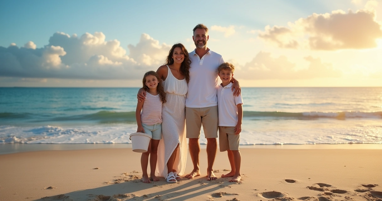 Família feliz sorrindo junta em pé na praia 