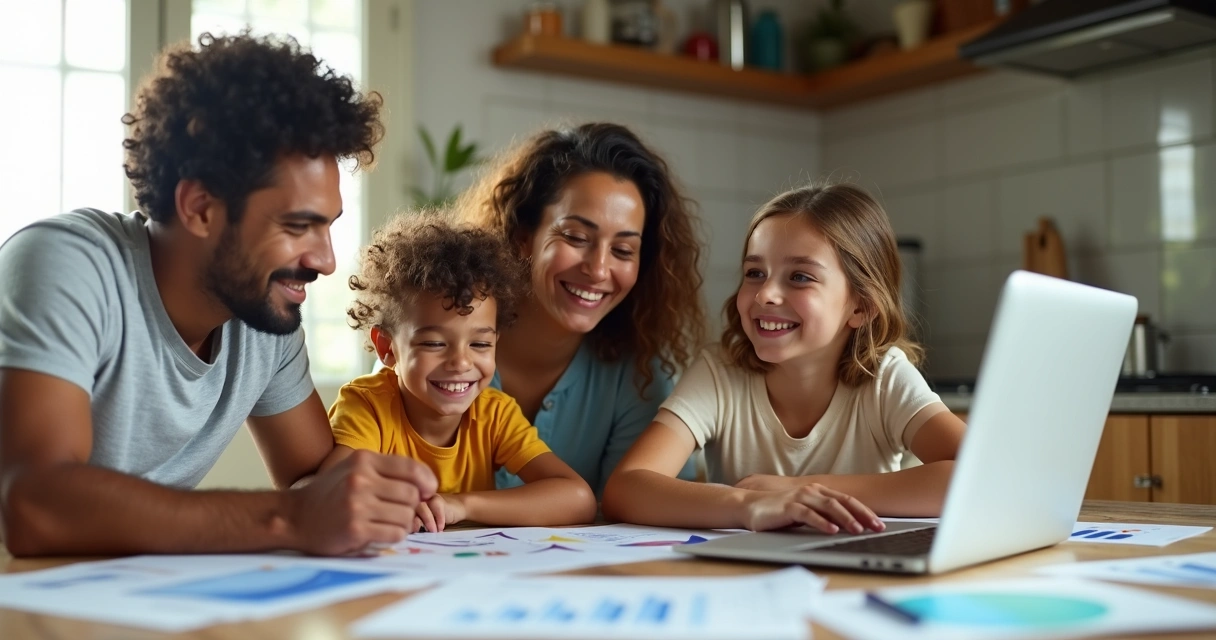 Família sorridente ao redor da mesa analisando relatórios financeiros 