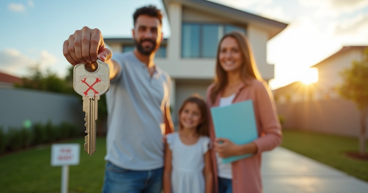 Família sorridente em frente à casa recém-comprada com chave na mão 