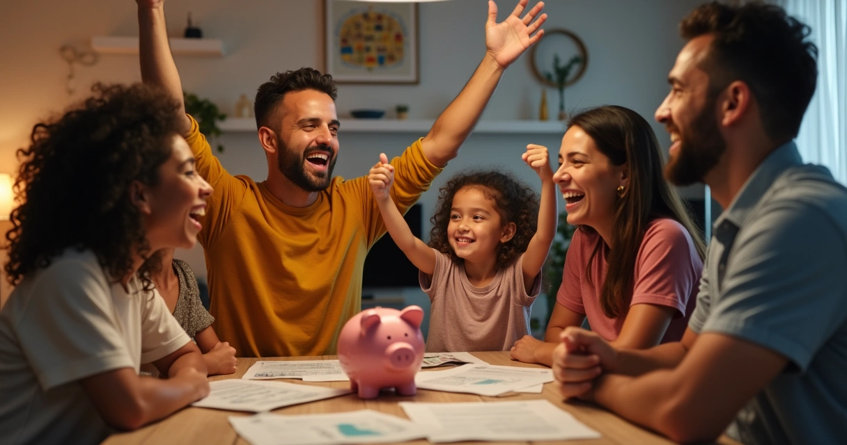 Família feliz celebra conquista de objetivos financeiros