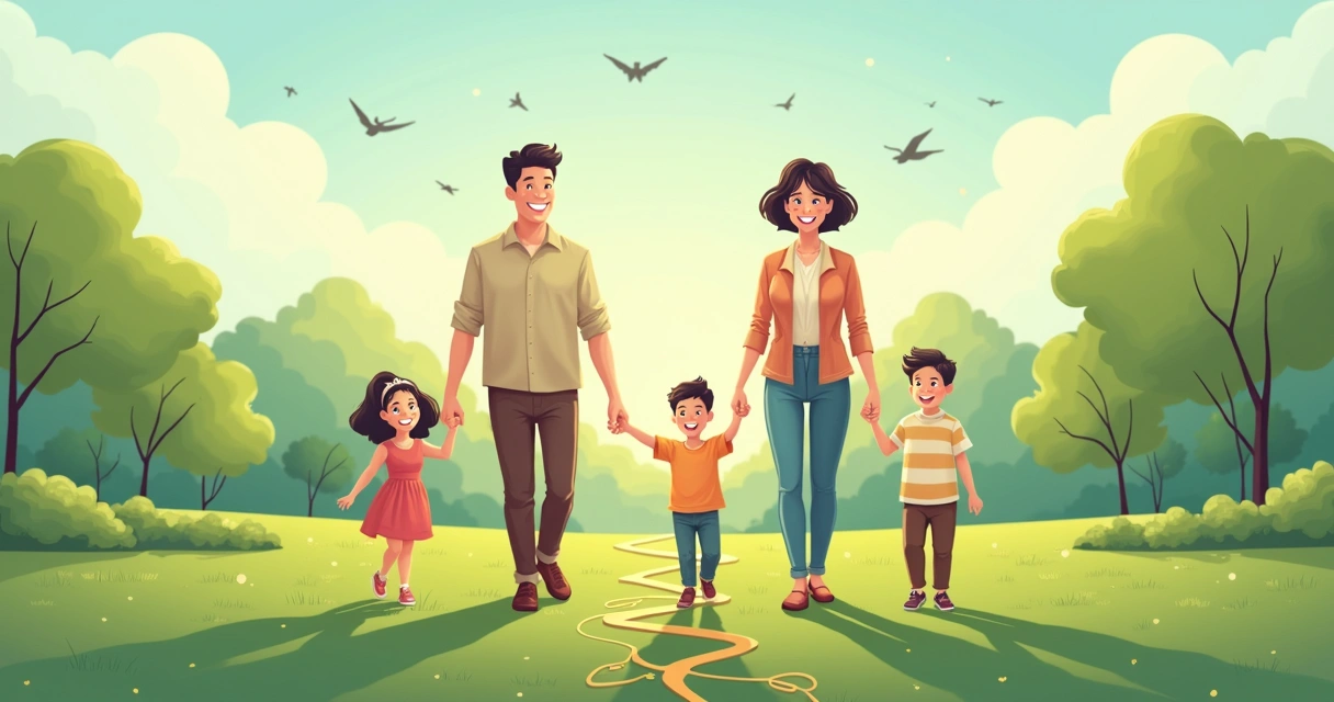 Família feliz caminhando num parque pensando em futuro seguro. 