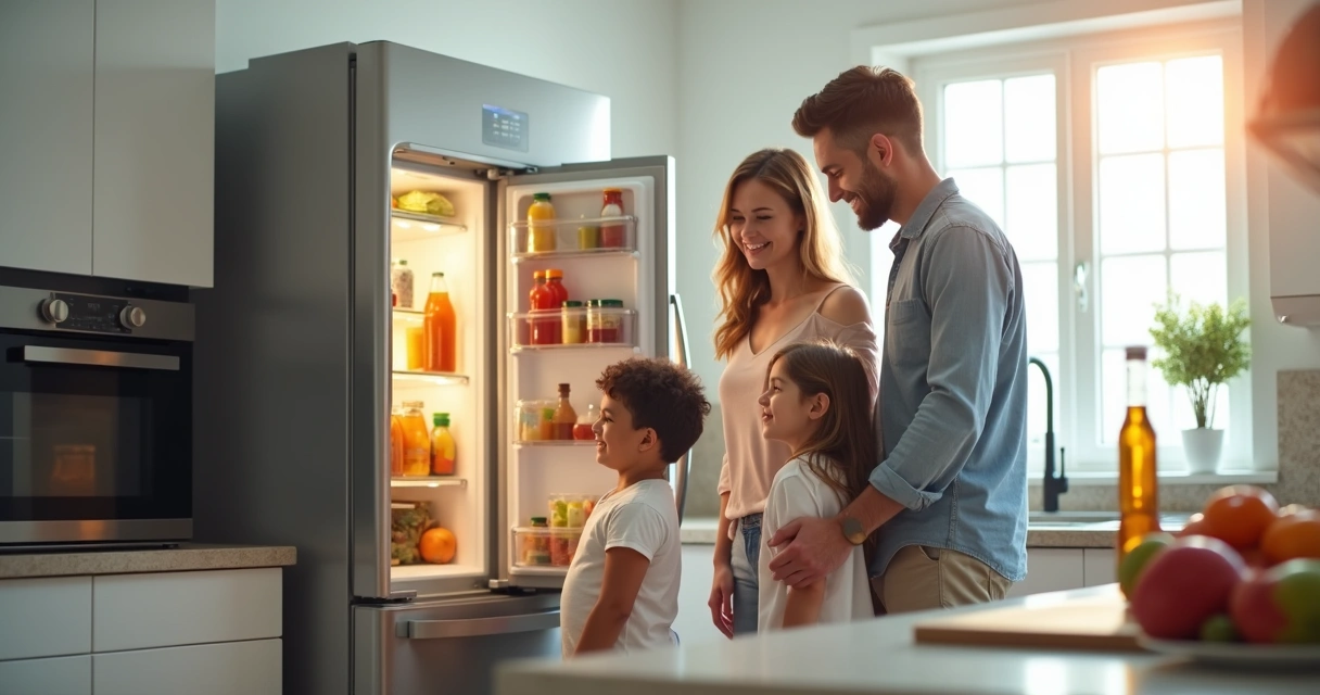 Família feliz reunida ao redor de geladeira recém consertada 