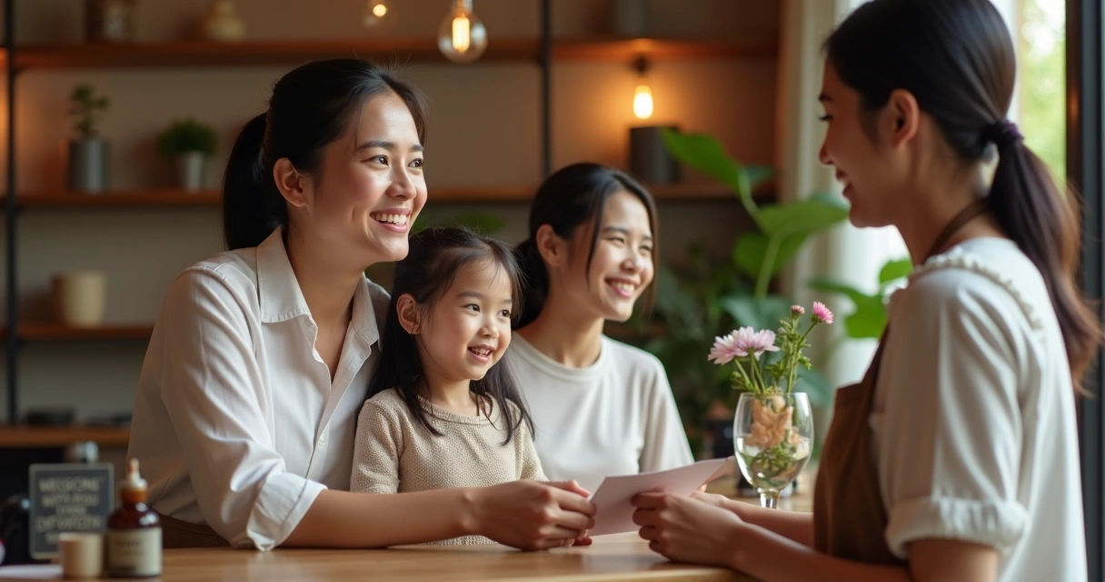 Família feliz recebendo atendimento personalizado em hotel 