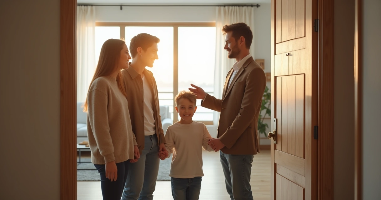 Família feliz recebendo chaves do imóvel alugado 