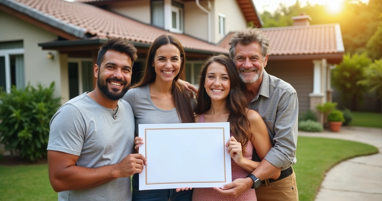 Família feliz recebendo matrícula do imóvel 