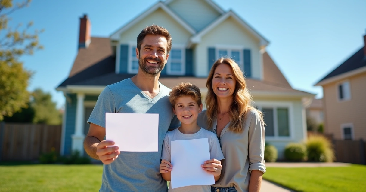 Família feliz segurando chave em frente a imóvel regularizado 
