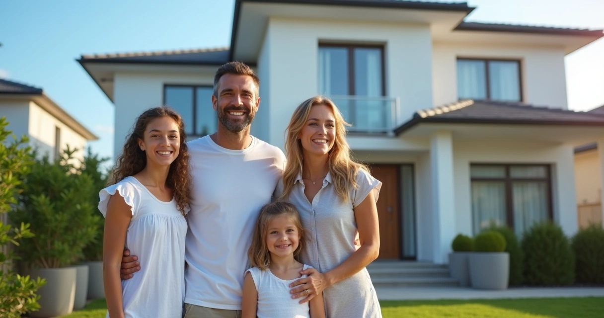 Família feliz em frente a uma casa recém-construída e regularizada 