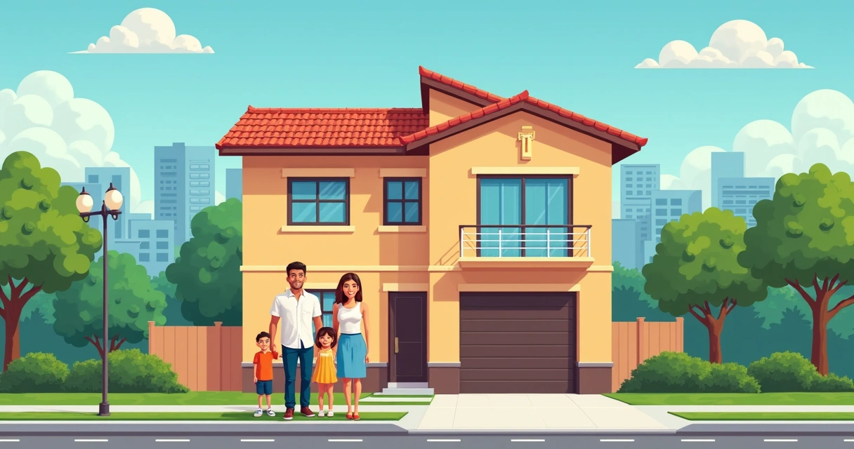 Família feliz em frente ao imóvel regularizado por usucapião 