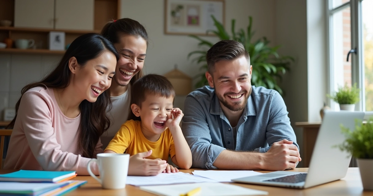 Família sorridente com papéis organizados celebrando restituição de imposto 