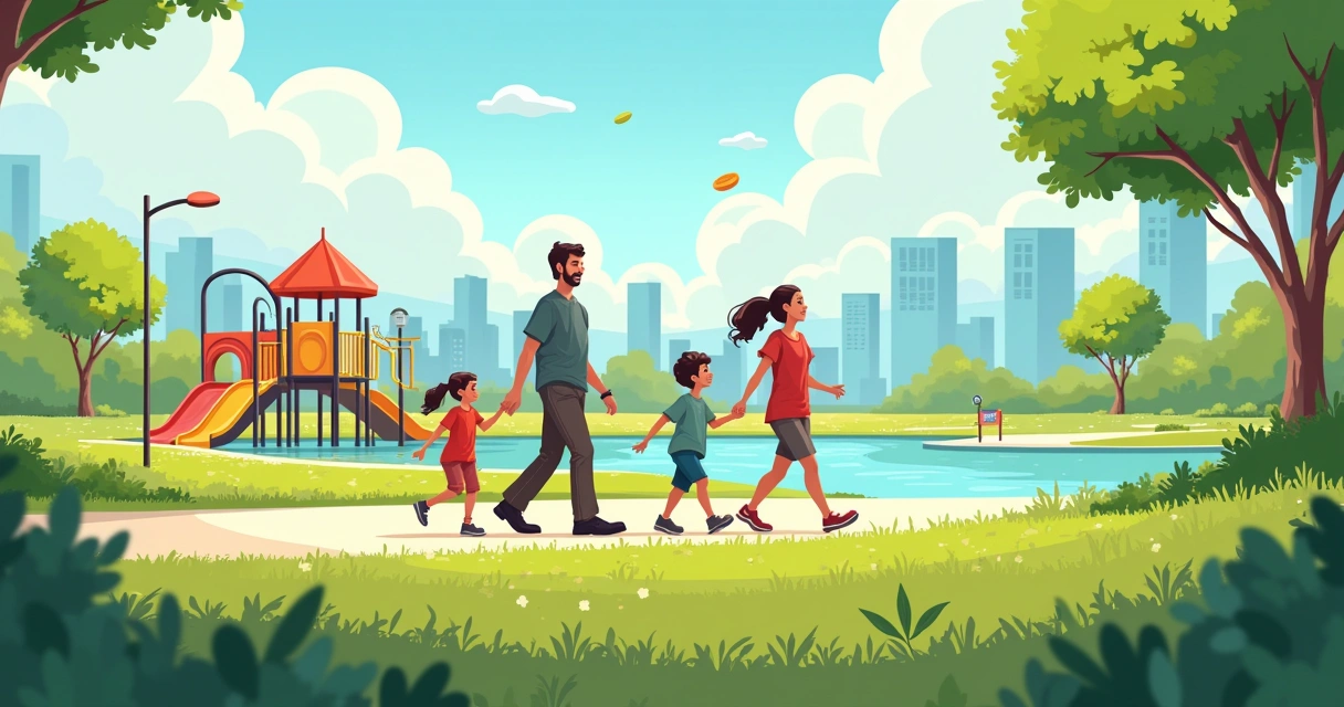 Family walking in a modern park in Lake Nona, children playing 
