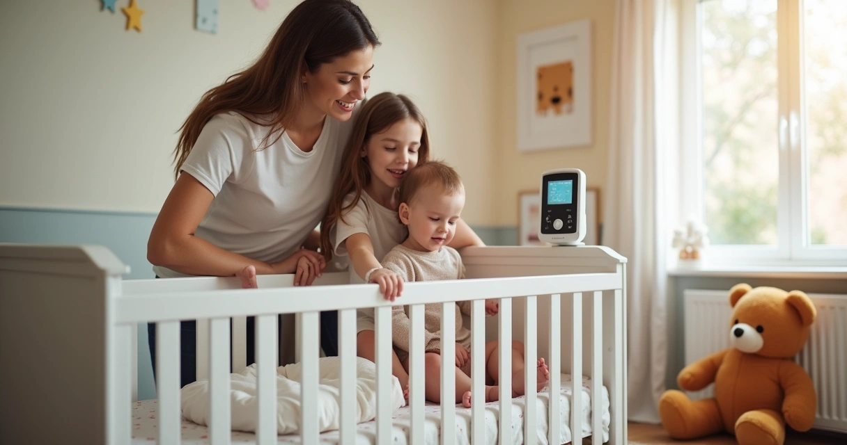 Família unida e sorridente ao redor do berço olhando monitor 