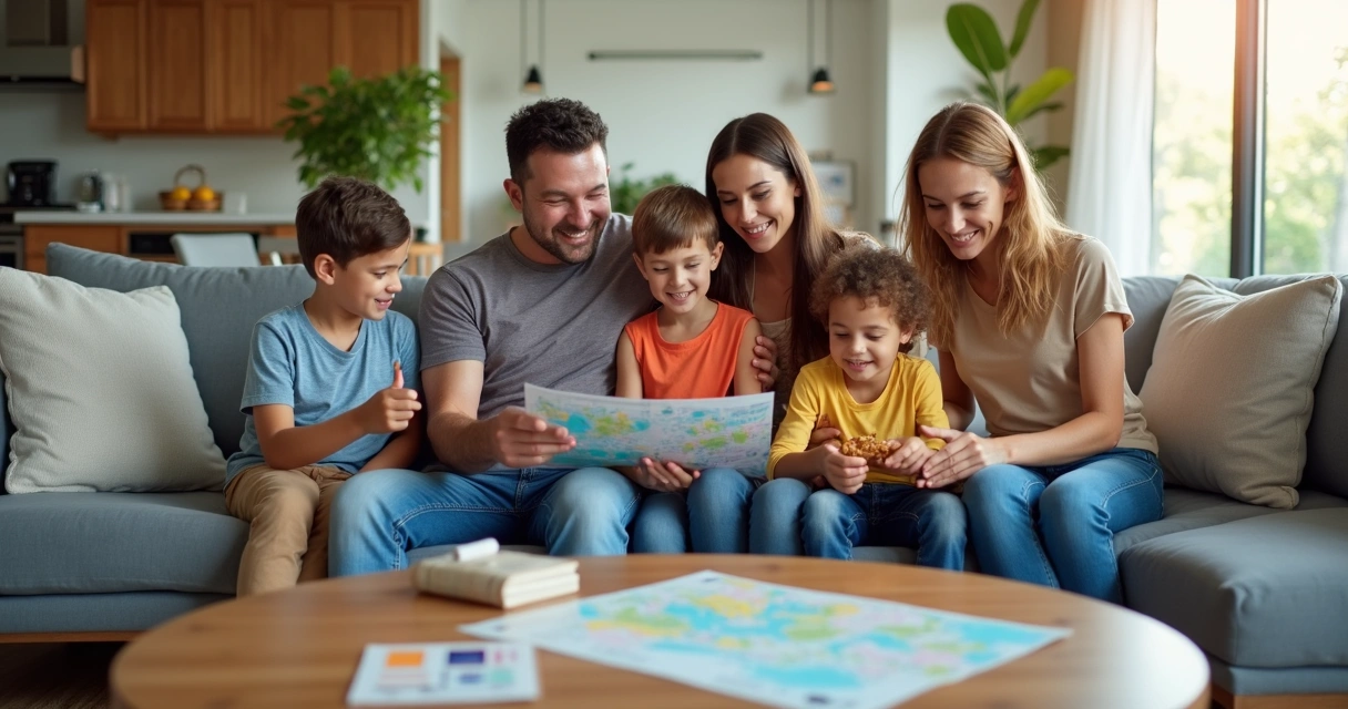 Família sorrindo em sala de casa de temporada em Orlando 