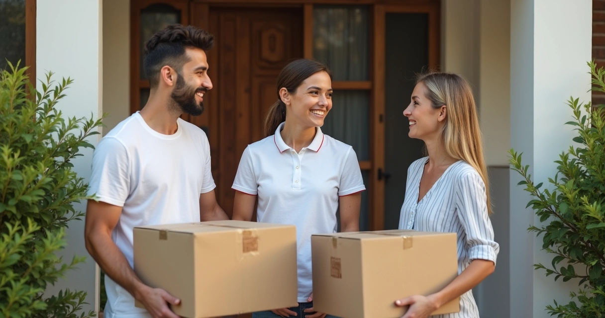 Família chegando feliz na porta de uma nova casa em Belo Horizonte com caixas de mudança 
