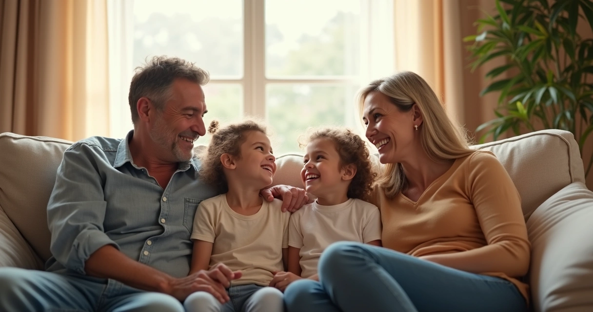 Família sentada no sofá sorrindo juntos. 
