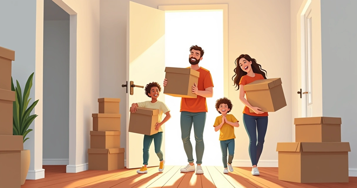 Família feliz entrando em casa pela primeira vez 