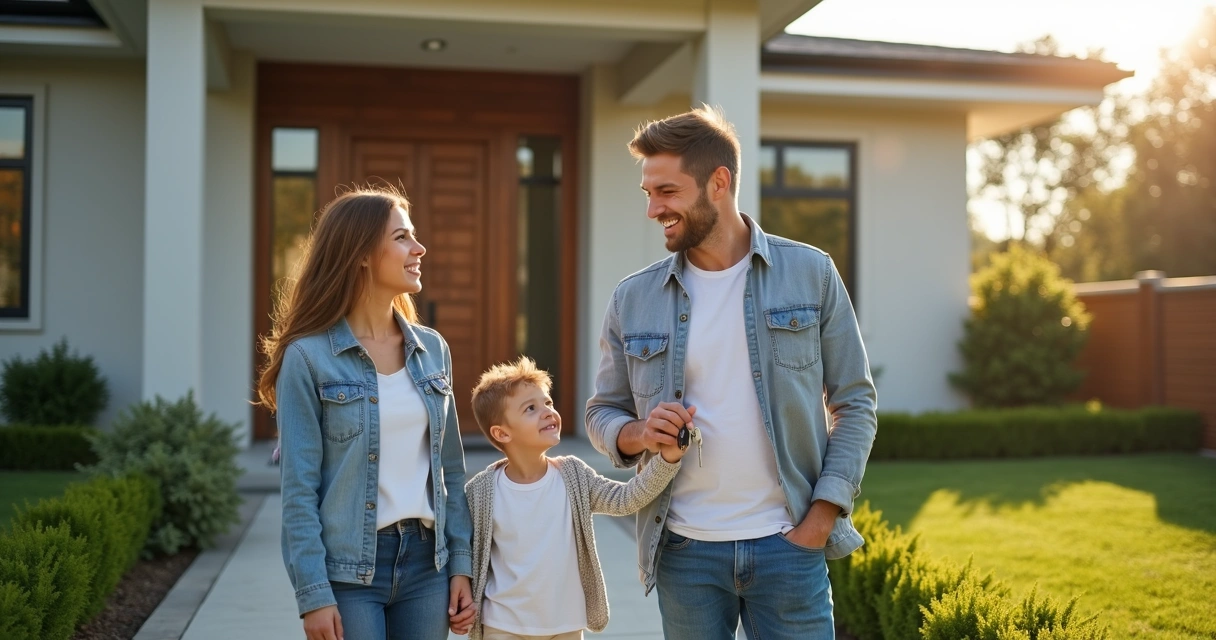 Família feliz entrando em sua nova casa 