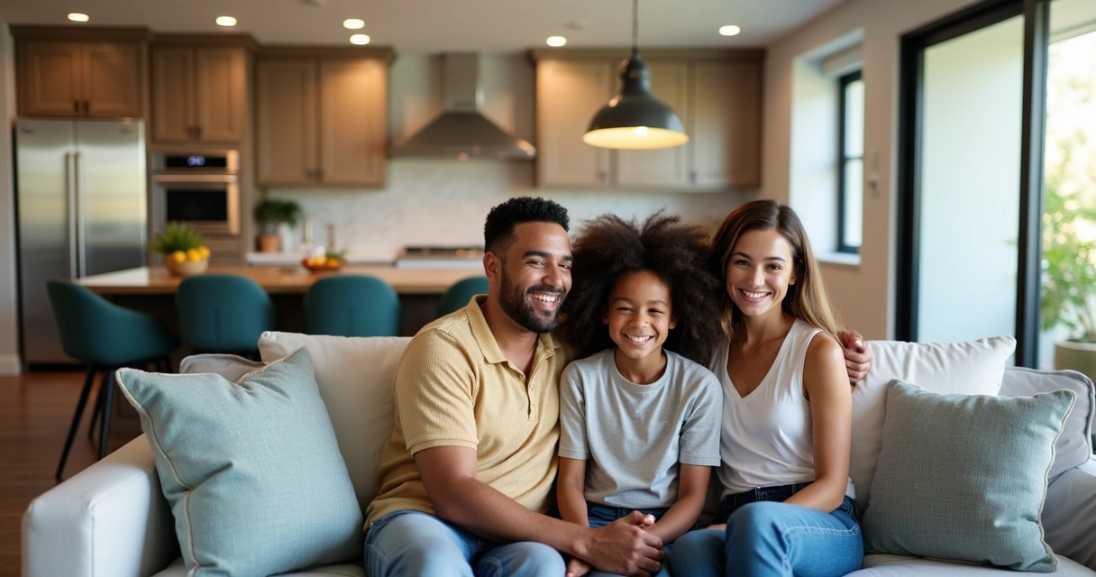 Família brasileira sorrindo no sofá de casa de temporada decorada em Orlando